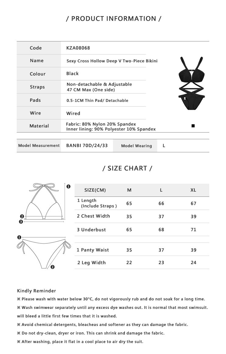 Sexy Cross Hollow Deep V Two Piece Bikini Black