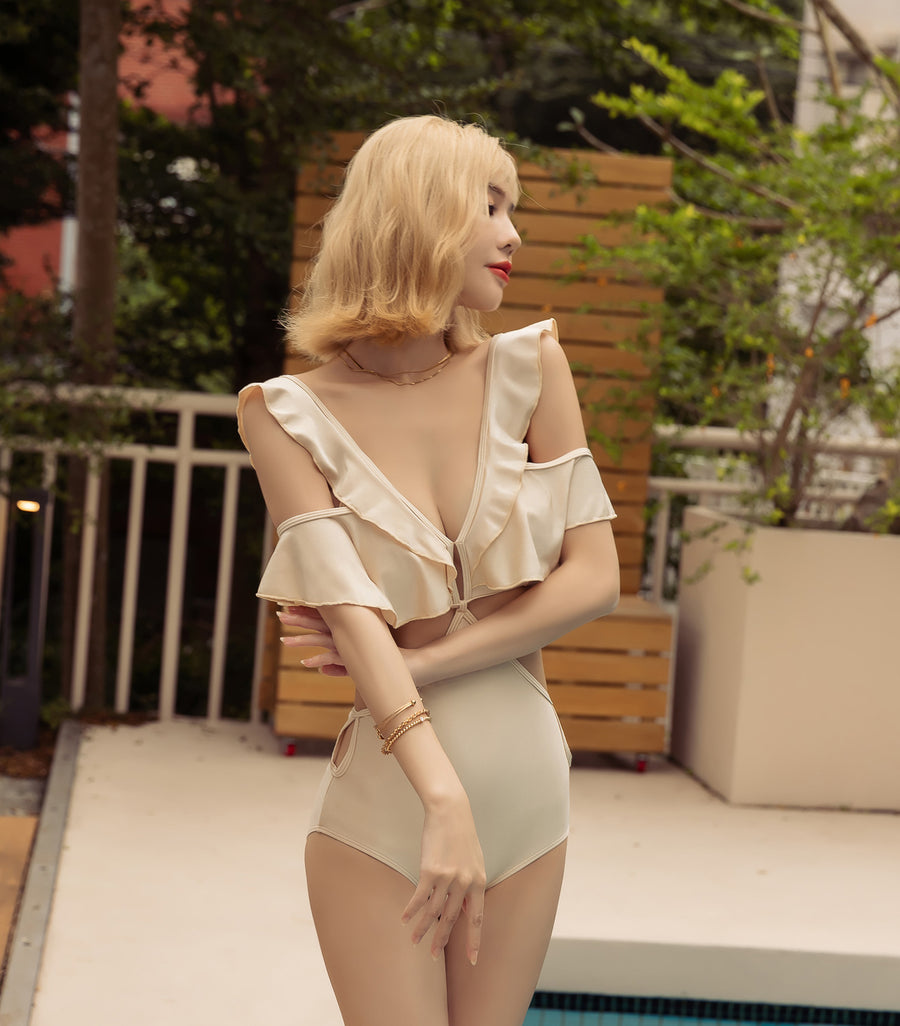 V shaped Lotus Leaf Edge One piece Swimsuit Champagne