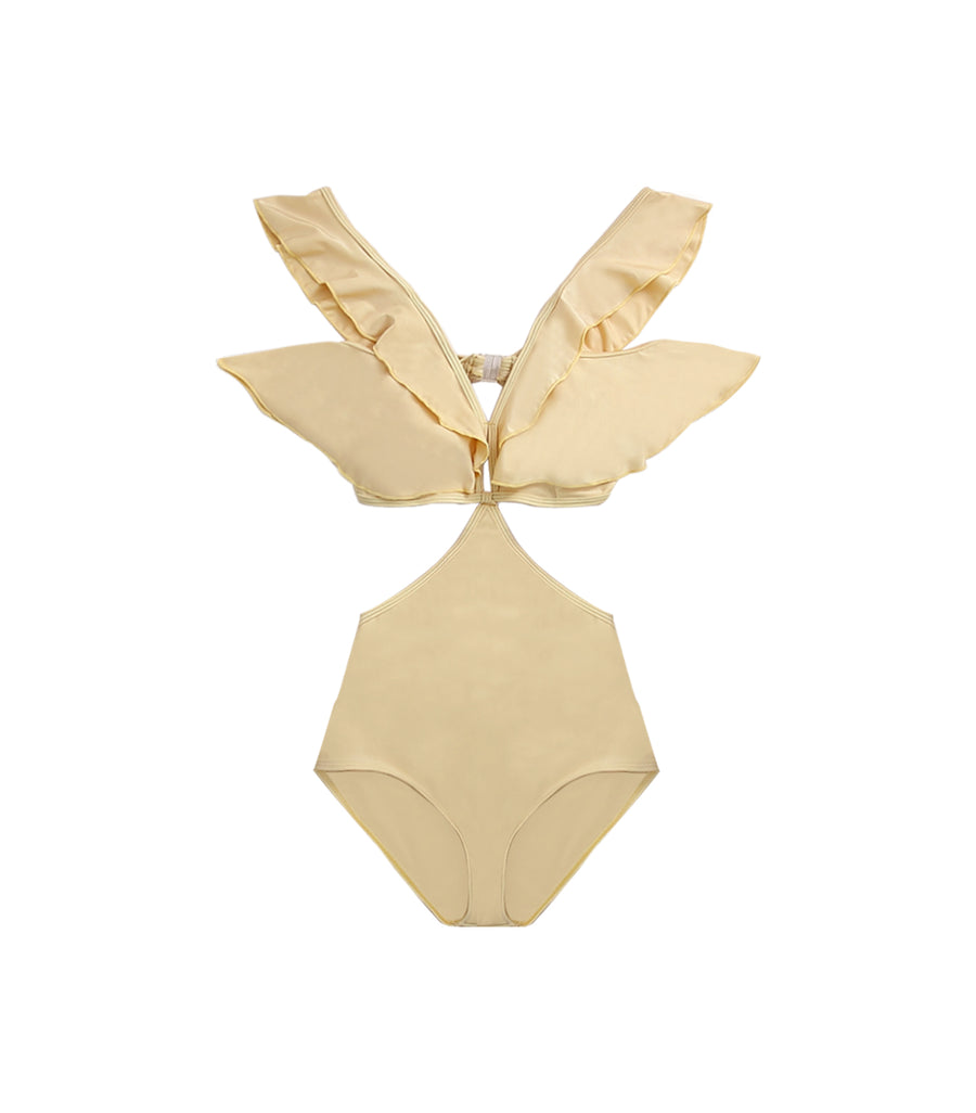 V shaped Lotus Leaf Edge One piece Swimsuit Champagne