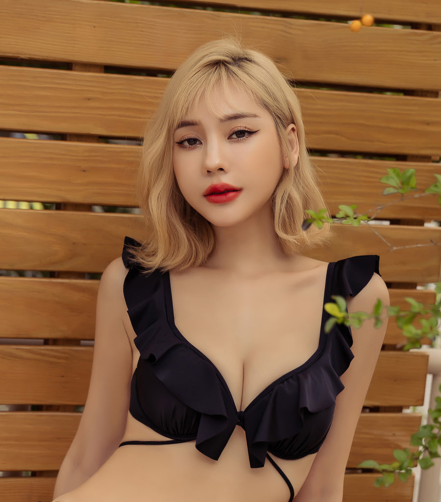 Lotus Leaf Edge Sexy Busty Two piece Bikini Black