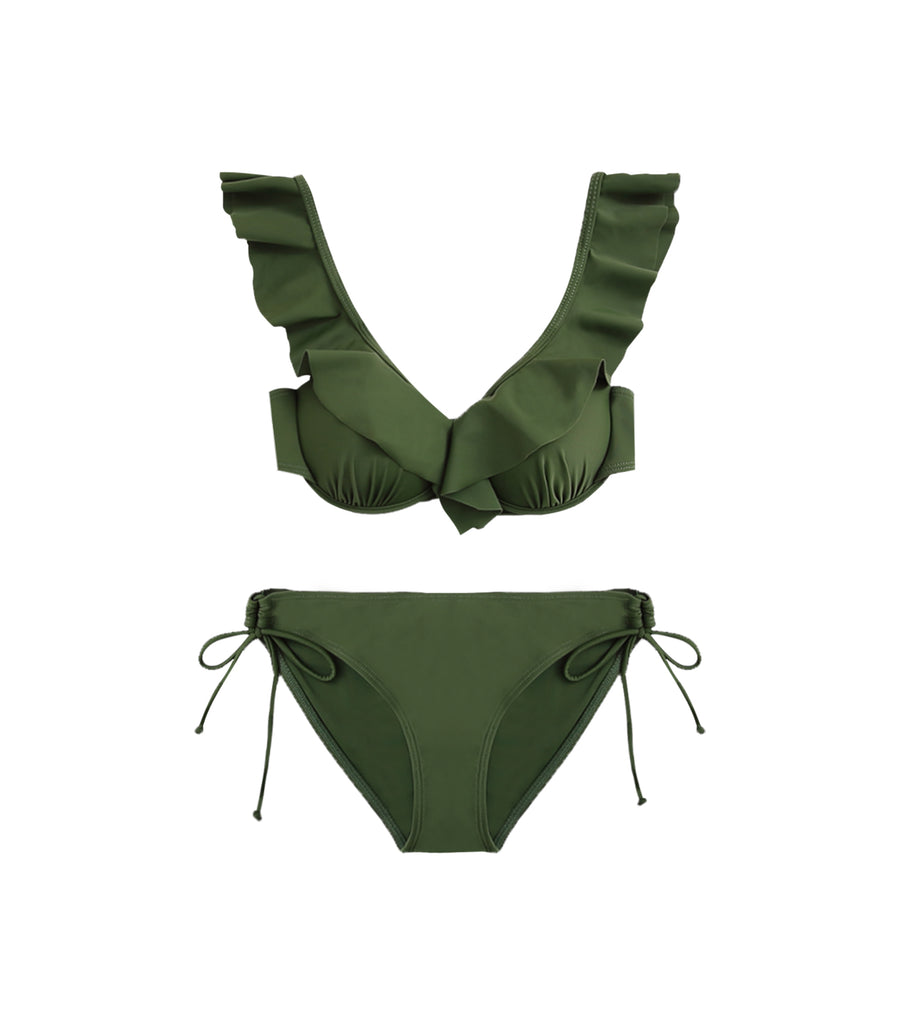 Lotus Leaf Edge Sexy Busty Two piece Bikini Green