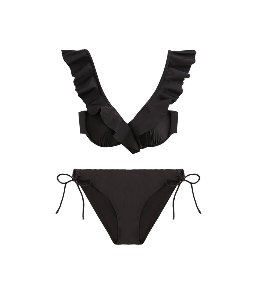 Lotus Leaf Edge Sexy Busty Two piece Bikini Black