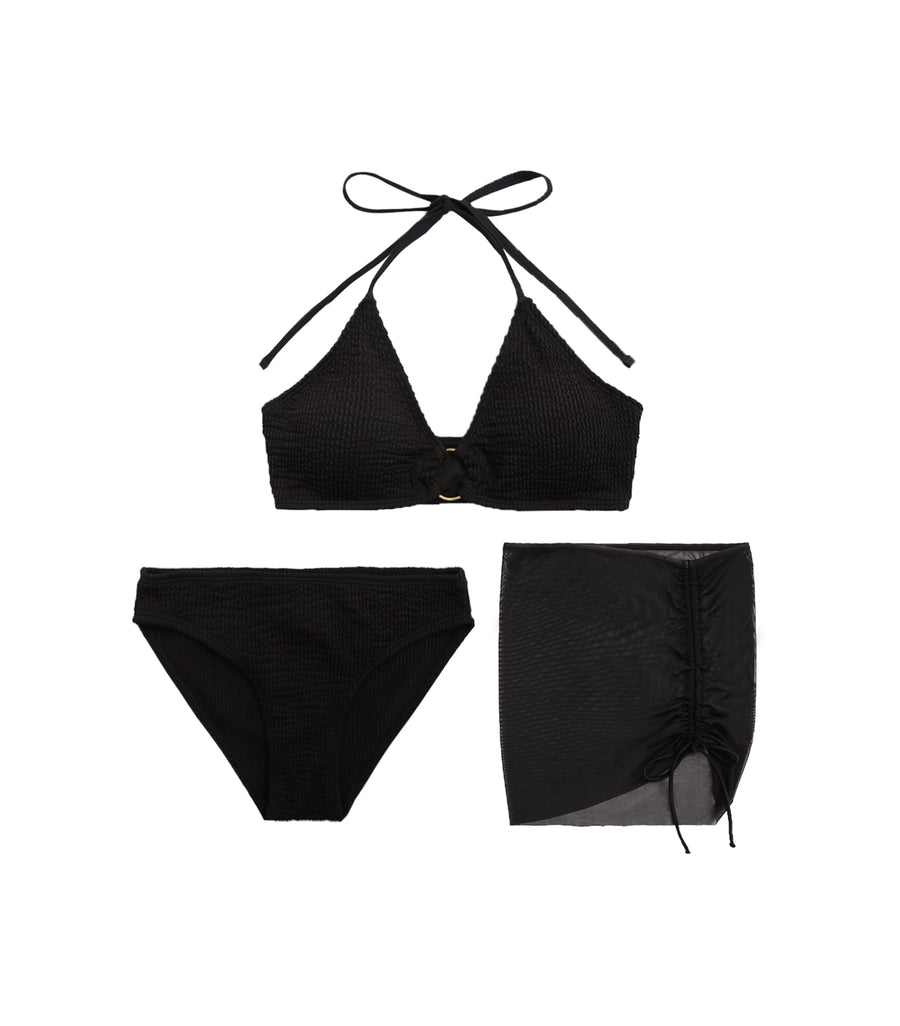 Sexy Hot Halter Straps Hollow Three Piece Bikini Black