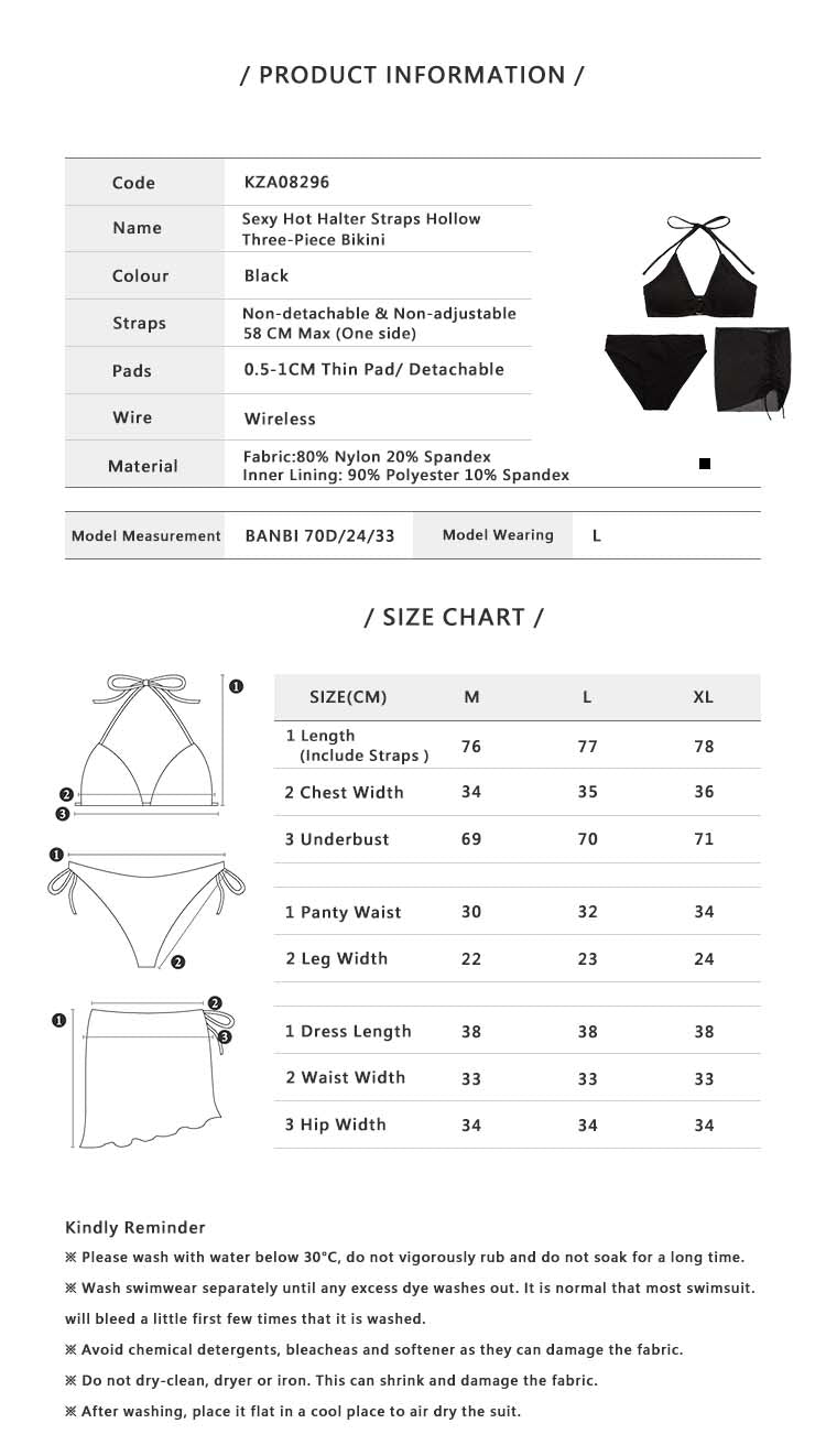 Sexy Hot Halter Straps Hollow Three Piece Bikini Black