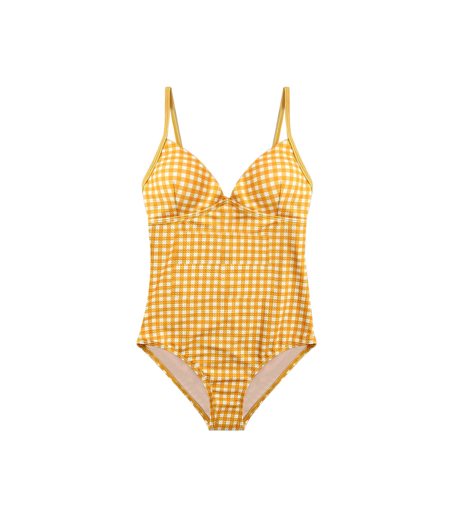 V shaped Fresh Plaid One piece Swimsuit Yellow