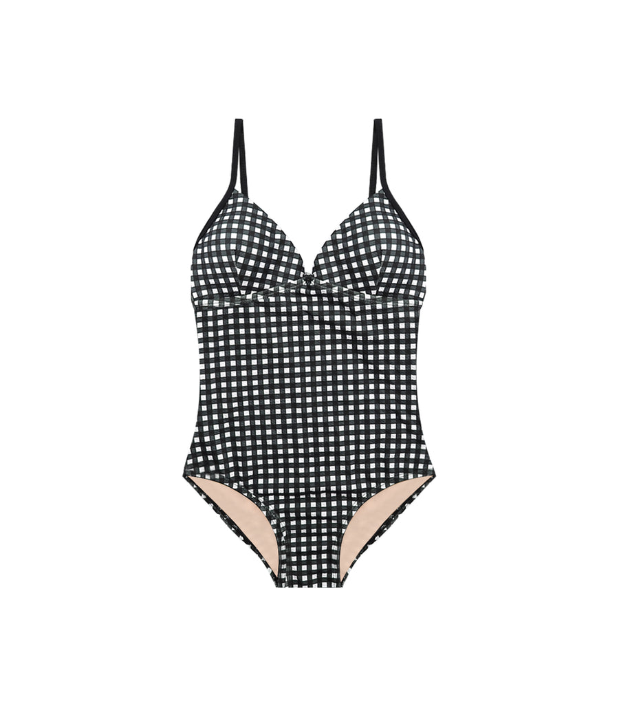 V shaped Fresh Plaid One piece Swimsuit Black