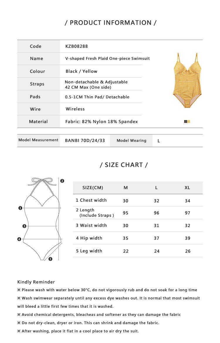 V shaped Fresh Plaid One piece Swimsuit Black
