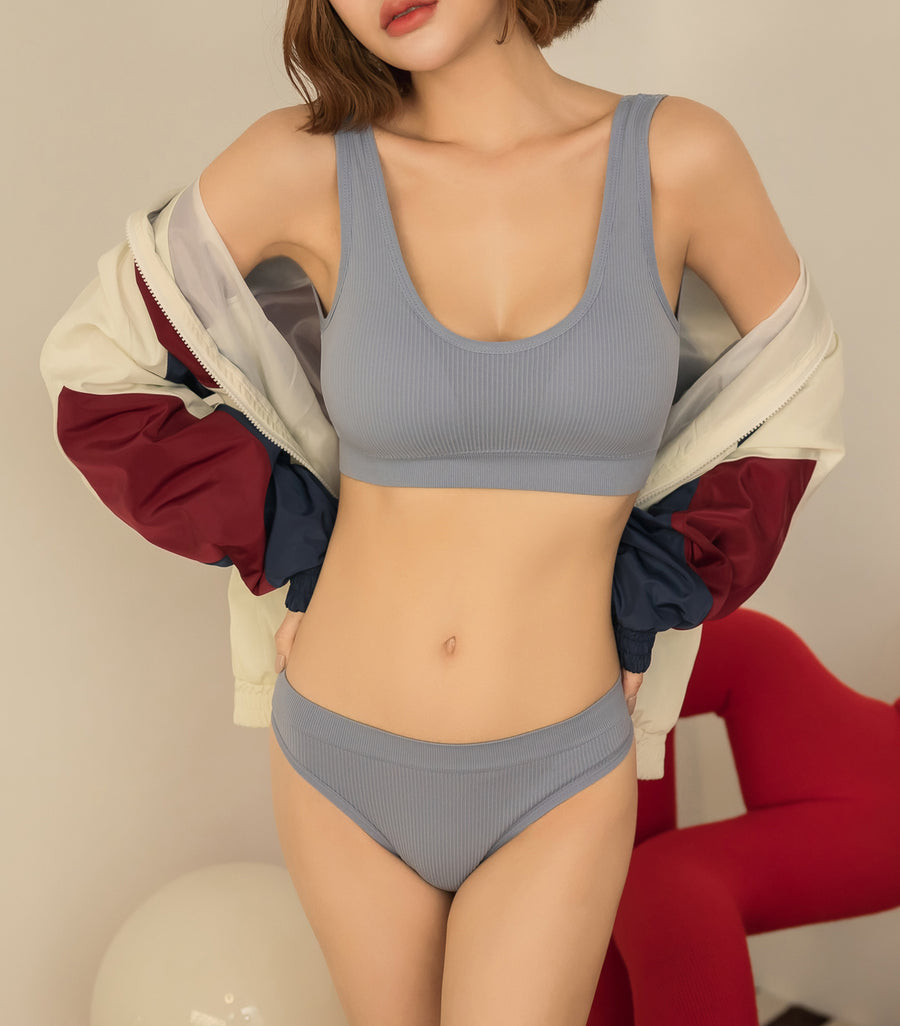 Threaded Wide Shoulder Straps Coverage U-shaped Beauty Back Padded Bra Set Blue