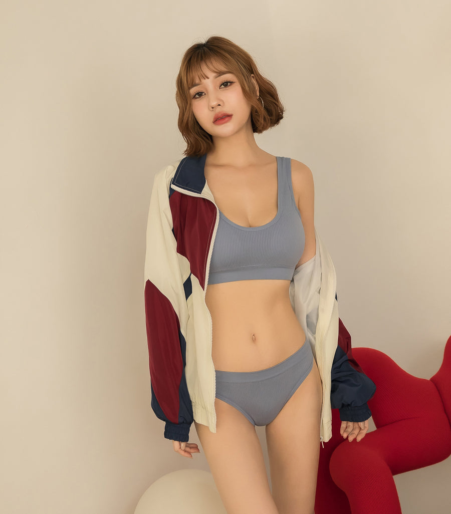 Threaded Wide Shoulder Straps Coverage U-shaped Beauty Back Padded Bra Set Blue