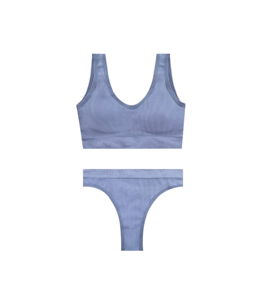 Threaded Wide Shoulder Straps Coverage U-shaped Beauty Back Padded Bra Set Blue