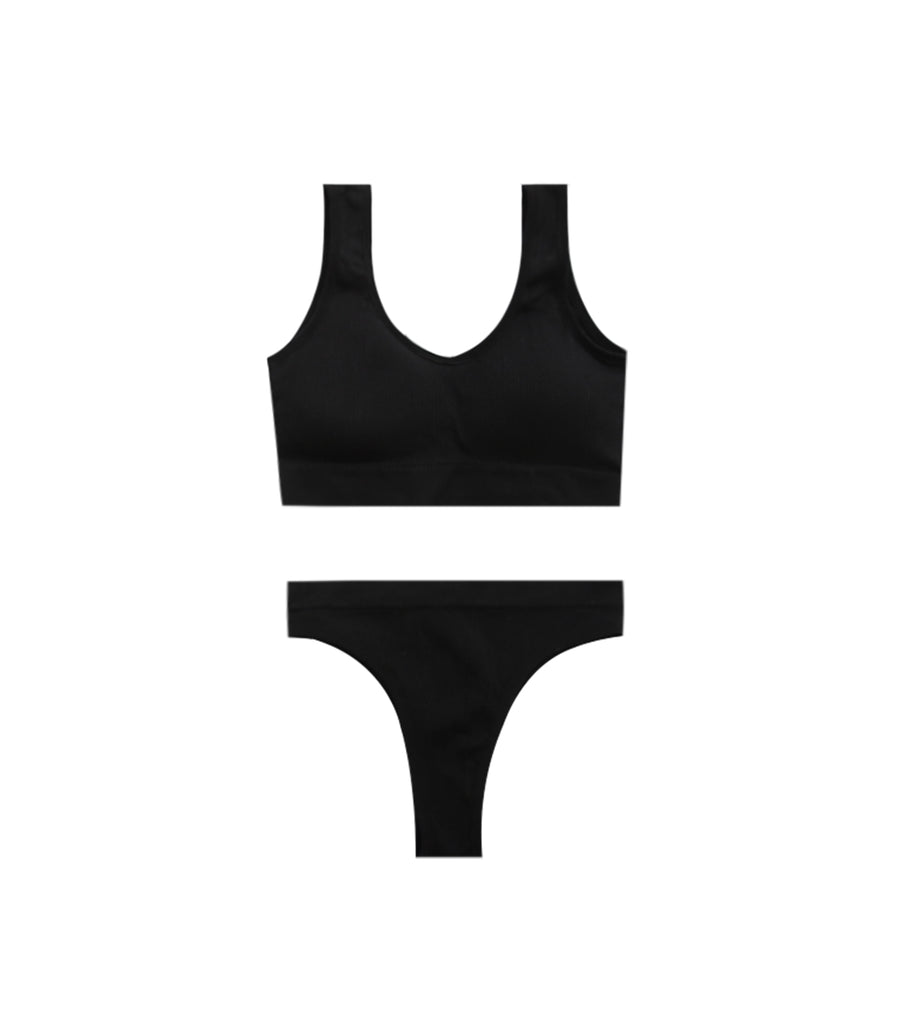 Threaded Wide Shoulder Straps Coverage U-shaped Beauty Back Padded Bra Set Black