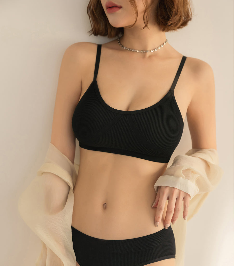Thin Shoulder Straps U-shaped Thread Seamless Padded Bra Set Black