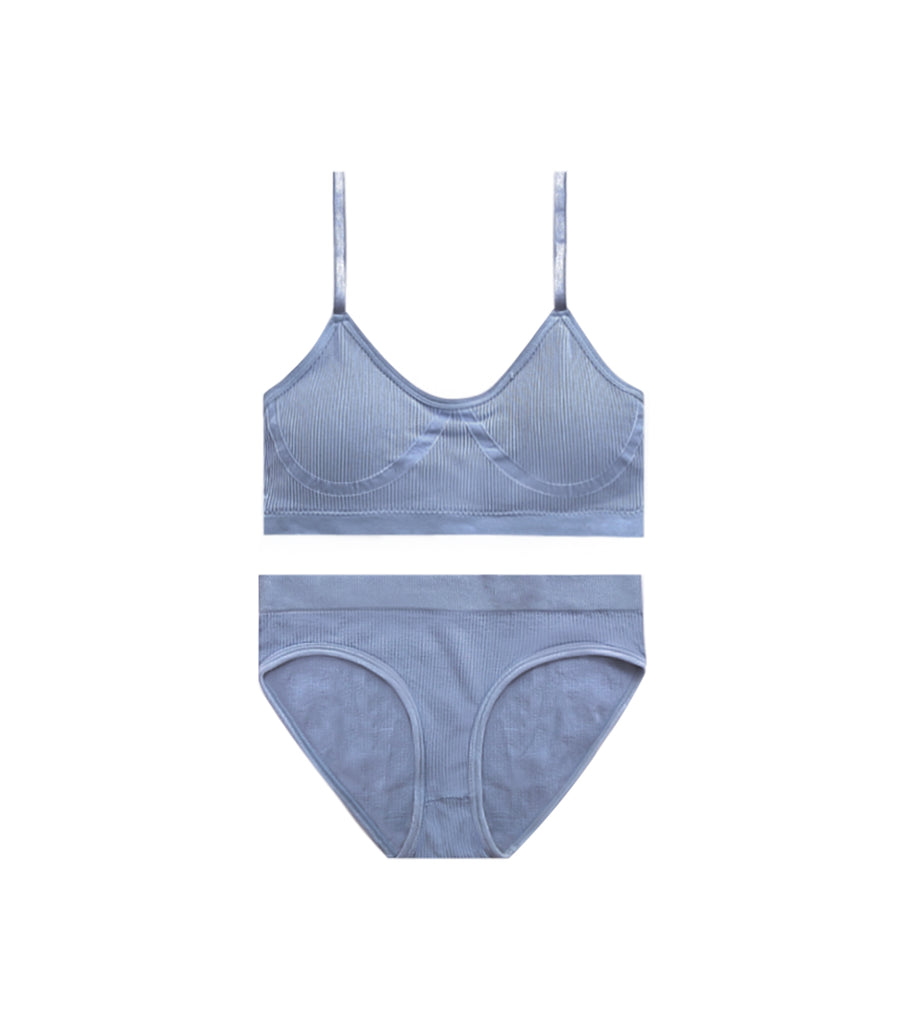 Thin Shoulder Straps U-shaped Thread Seamless Padded Bra Set Blue