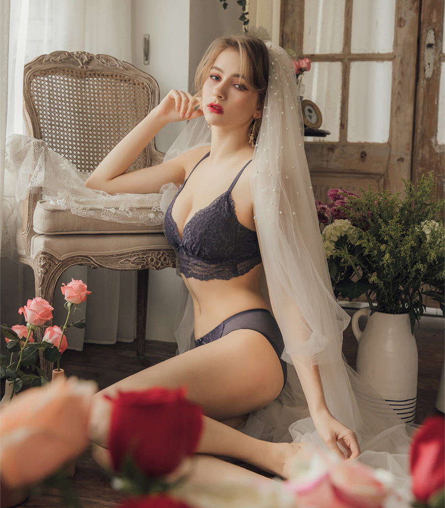 Elegant - Deep V Flower Lace Supportive 
Wireless Bra Set Coral Grey Blue