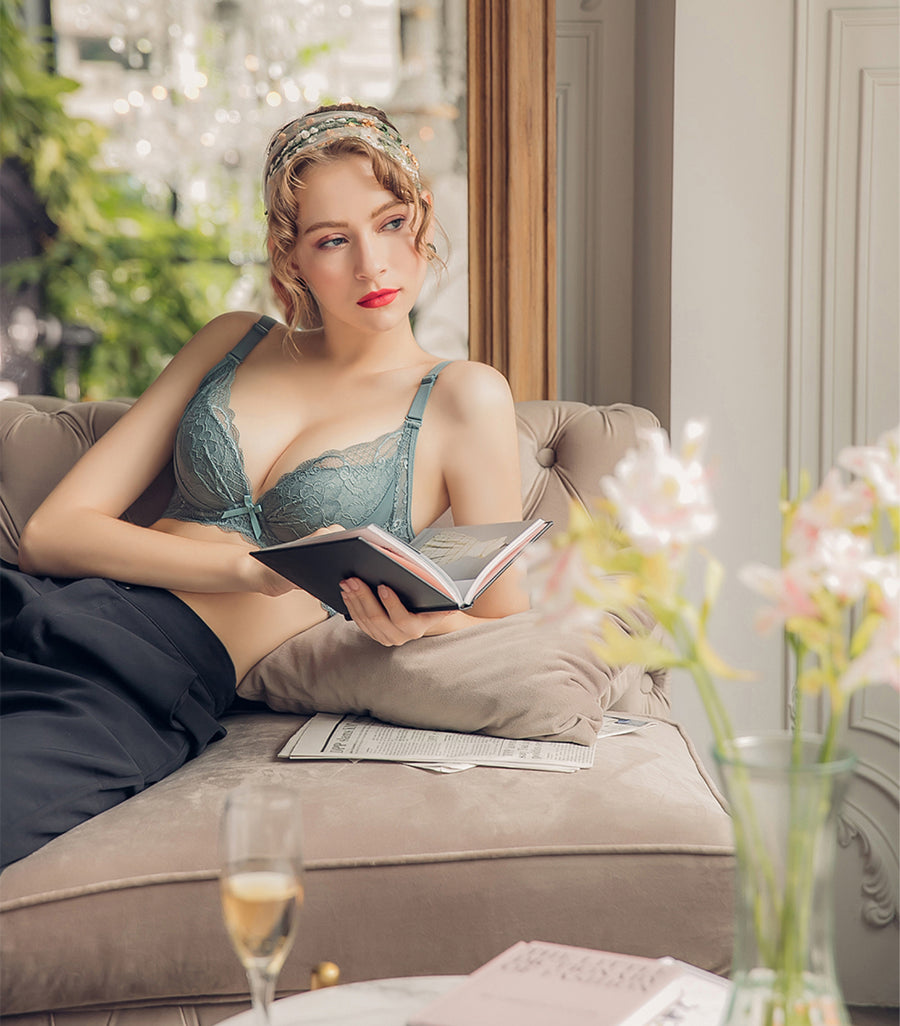 Lady - 3D Flower Lace Gather Adjusted Bra Set Lake Green
