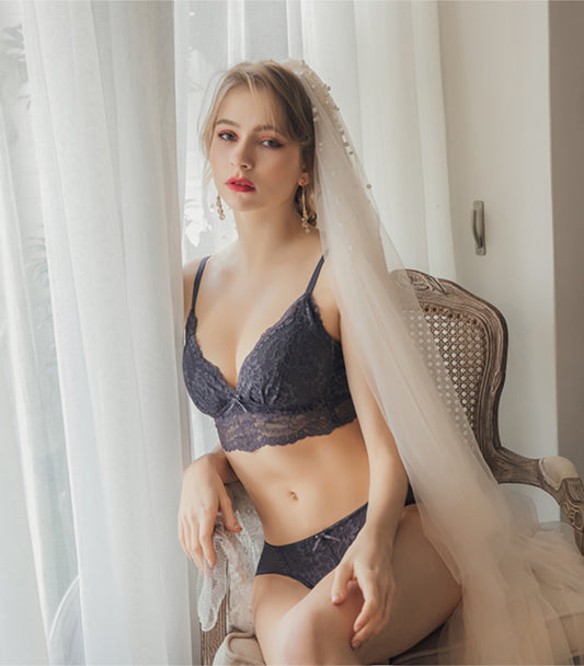 Elegant - Deep V Flower Lace Supportive 
Wireless Bra Set Coral Grey Blue