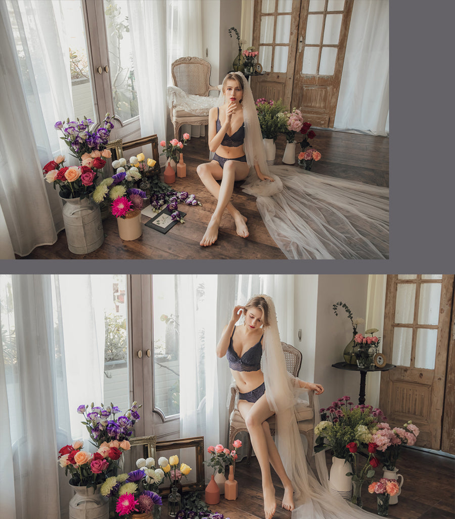 Elegant - Deep V Flower Lace Supportive 
Wireless Bra Set Coral Grey Blue