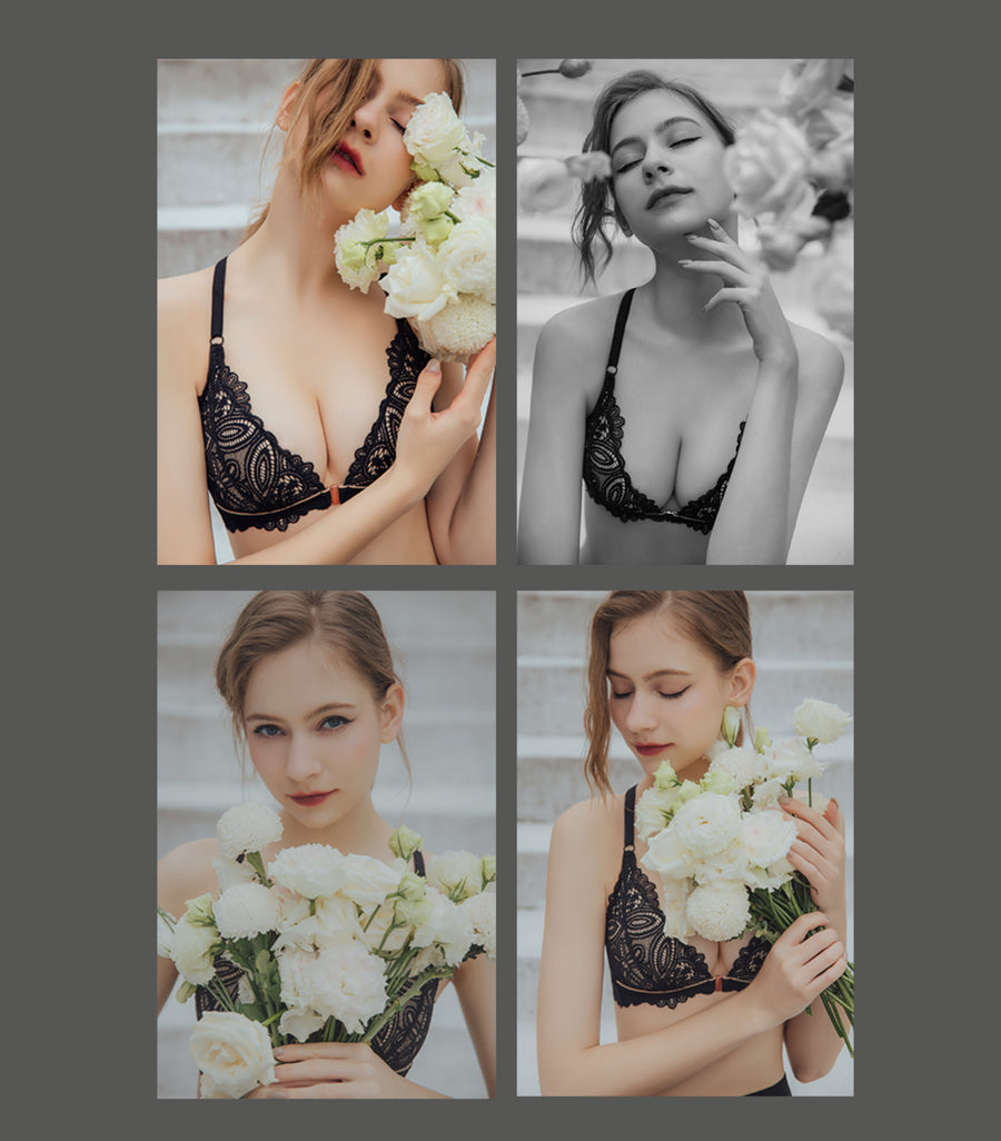 Dreamily-Wireless Lace Front Buckle Soft Cotton Bra Set Magnificent Black