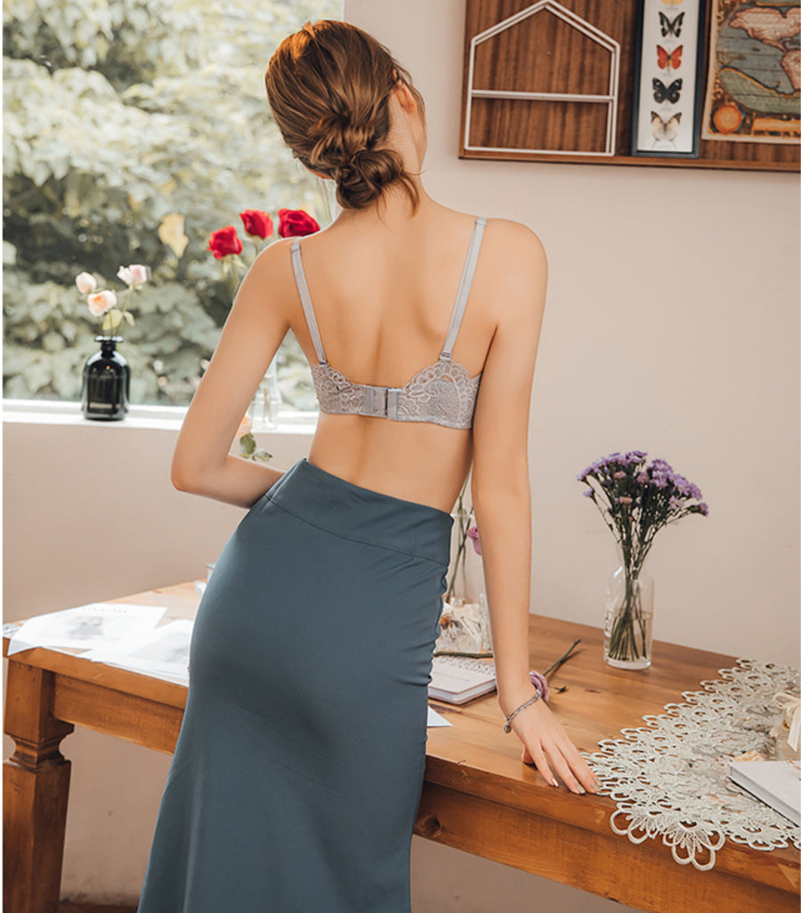 Girly - Eyelash Lace Deep V 
Fluffy Cotton Soft Wire Bra Set Elegant Sky Grey
