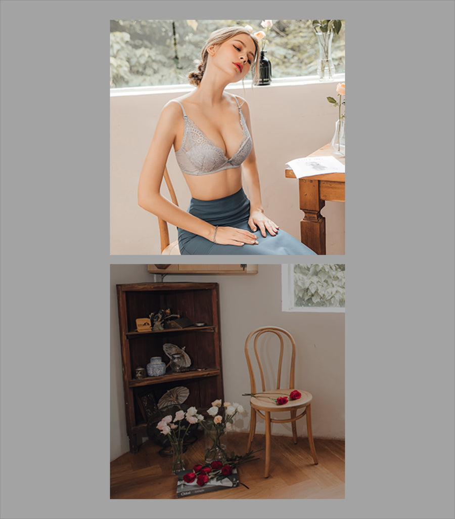 Girly - Eyelash Lace Deep V 
Fluffy Cotton Soft Wire Bra Set Elegant Sky Grey