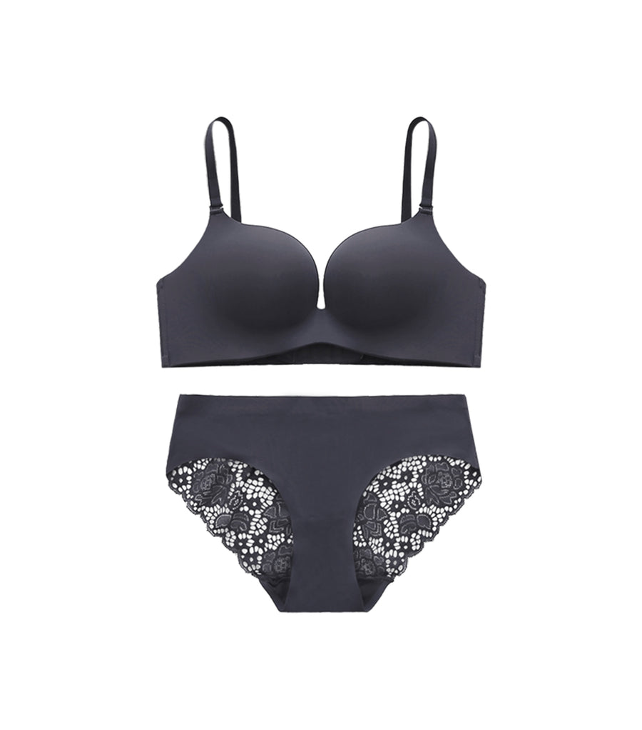 Beauty-Milky Seamless Fabric Wireless Bra Set Grey Blue