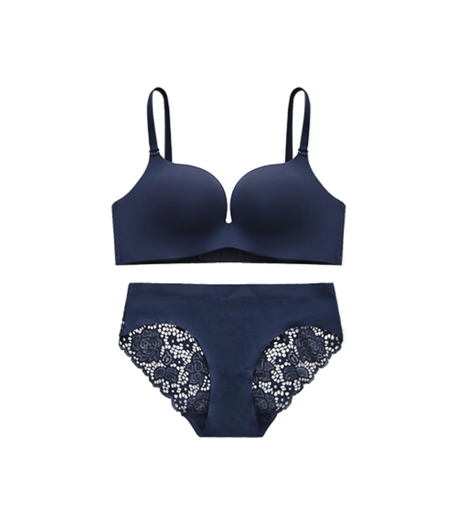 Beauty-Milky Seamless Fabric Wireless Bra Set Dark Blue