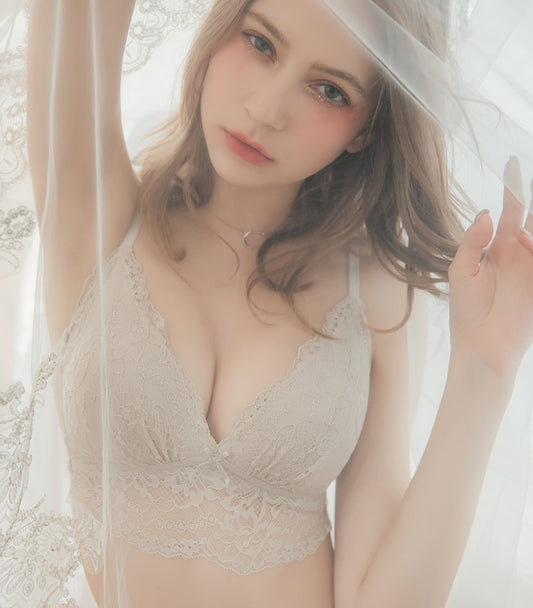 Elegant - Deep V Flower Lace Supportive 
Wireless Bra Set Creamy Grey