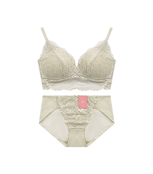 Elegant - Deep V Flower Lace Supportive 
Wireless Bra Set Creamy Grey