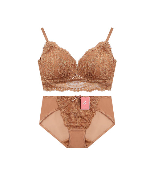 Elegant - Deep V Flower Lace Supportive 
Wireless Bra Set Caramel Orange