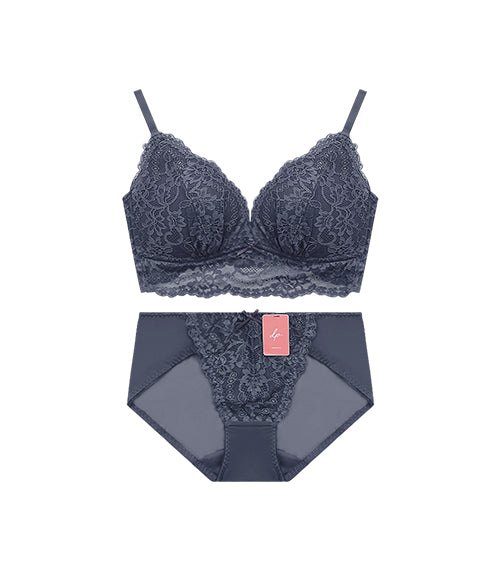 Elegant - Deep V Flower Lace Supportive 
Wireless Bra Set Coral Grey Blue