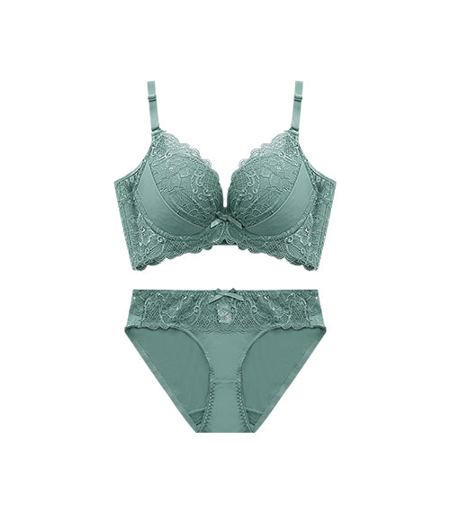 Lady - 3D Flower Lace Gather Adjusted Bra Set Lake Green