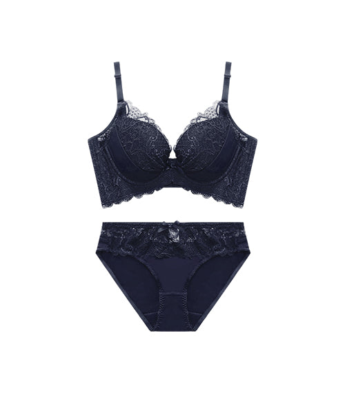 Lady - 3D Flower Lace Gather Adjusted Bra Set Midnight Blue