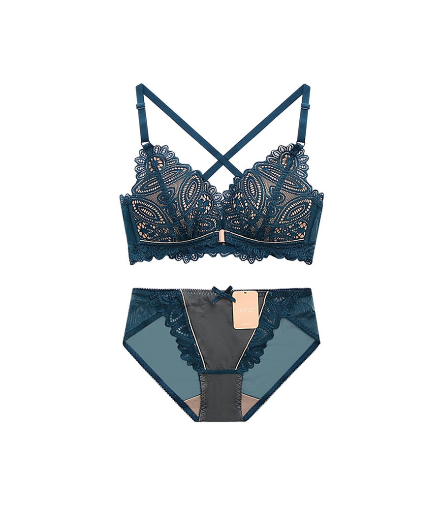 Dreamily-Wireless Lace Front Buckle Soft Cotton Bra Set Elegant Green