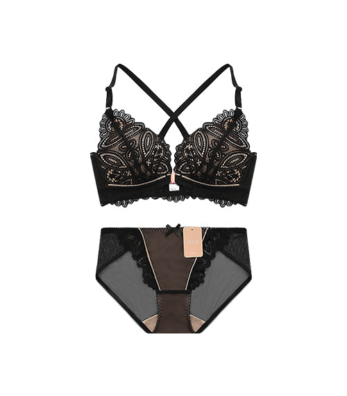 Dreamily-Wireless Lace Front Buckle Soft Cotton Bra Set Magnificent Black