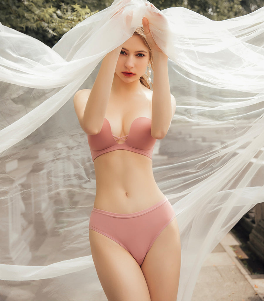 MS. - U Shape Plunge Micro Fiber Wireless Bra Set Rouge Pink
