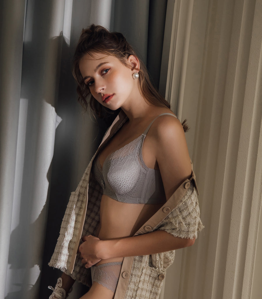 Romance-Full Coverage Light and Thin Dimentional Cotton Bra Set Sunset Grey