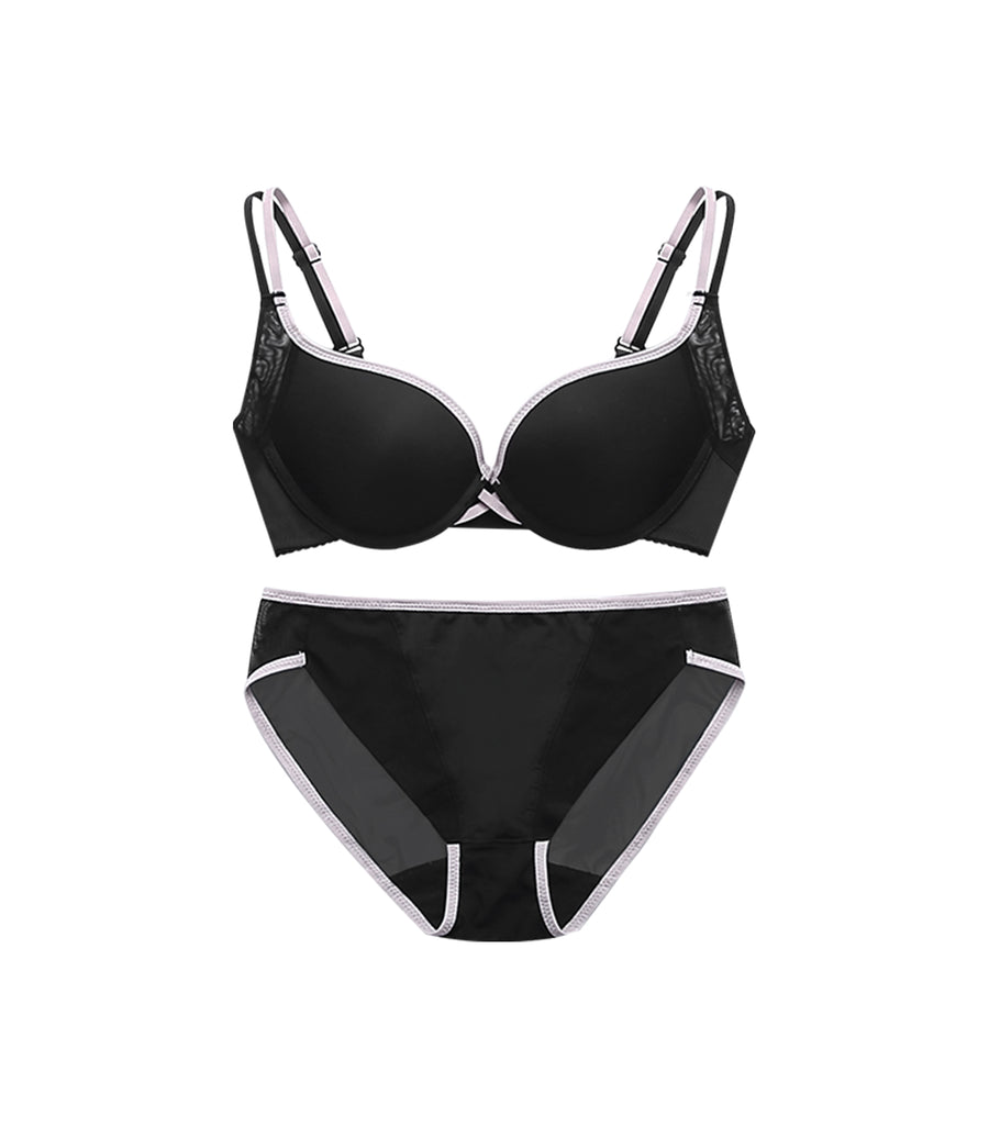 Star-Silky Milk Front Cross Design Soft Wired Bra Set Black