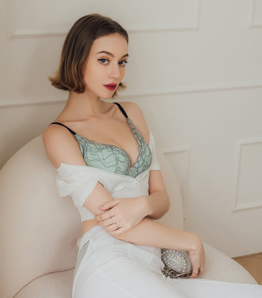 Graceful-Black Interweave Lace Ultra Soft Wired Bra Set Sweet Mint