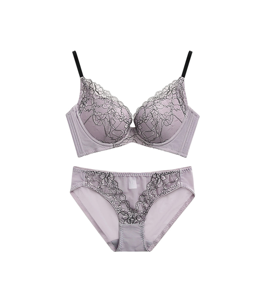 Graceful-Black Interweave Lace Ultra Soft Wired Bra Set Lilac Violet