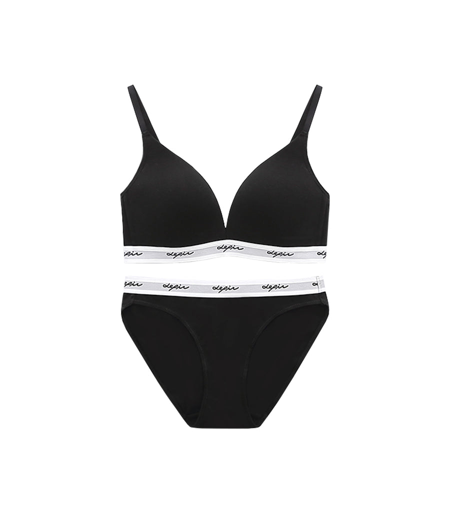 MODISH - Deep V Beauty Plunge Wireless Cotton Comfy Bra Set Black