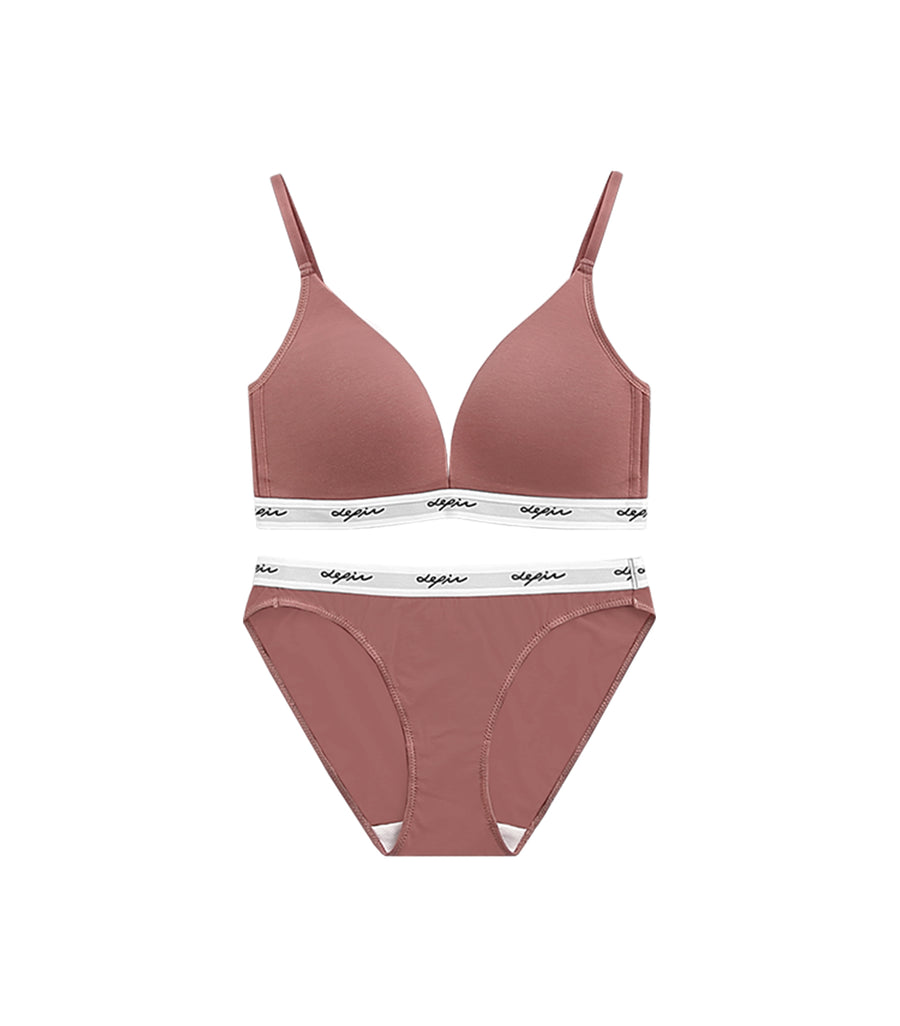MODISH - Deep V Beauty Plunge Wireless Cotton Comfy Bra Set Romantic Rose