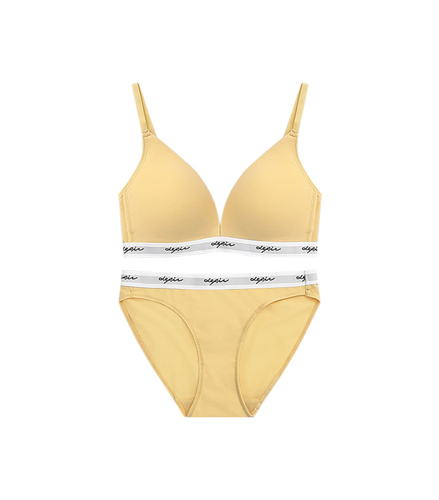 MODISH - Deep V Beauty Plunge Wireless Cotton Comfy Bra Set Sweet Yellow