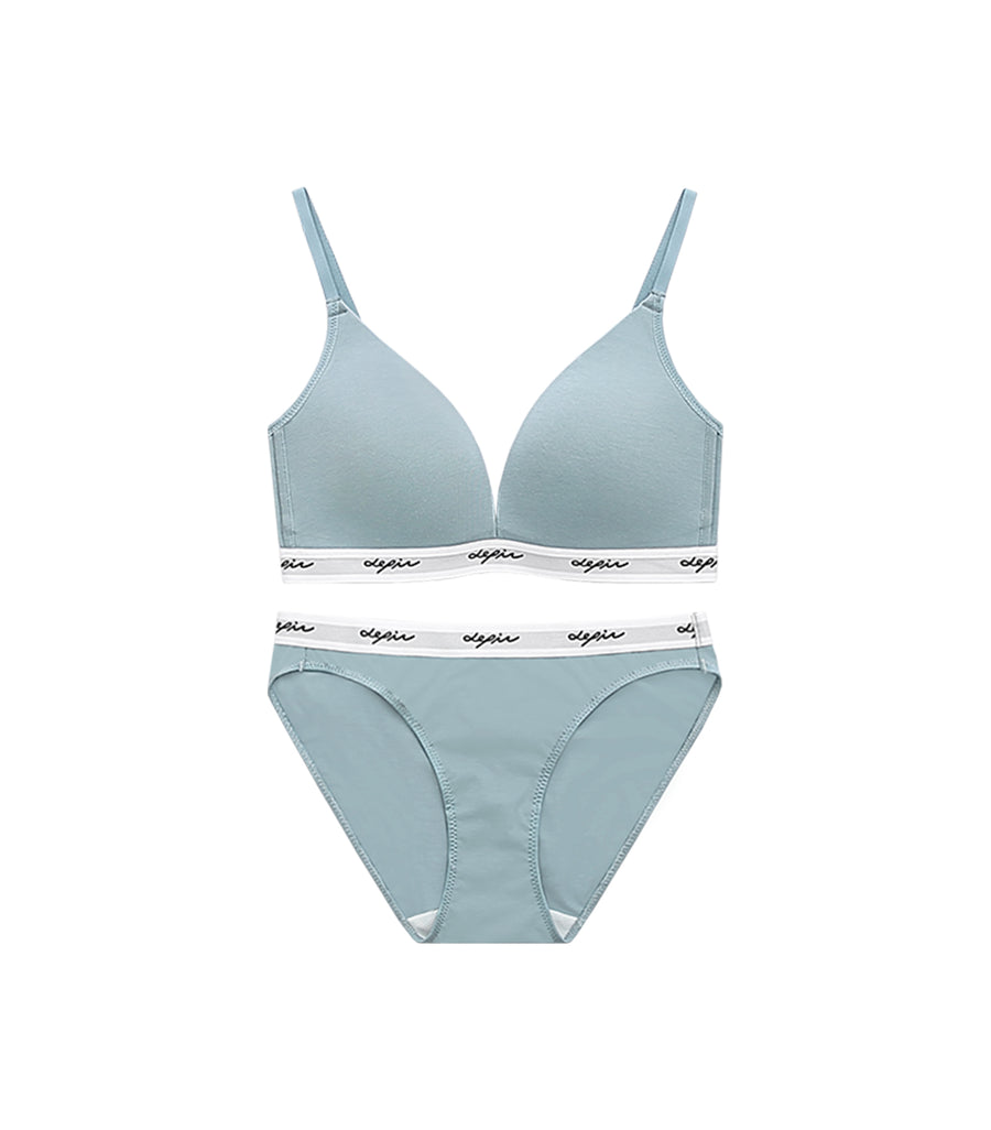 MODISH - Deep V Beauty Plunge Wireless Cotton Comfy Bra Set Blue