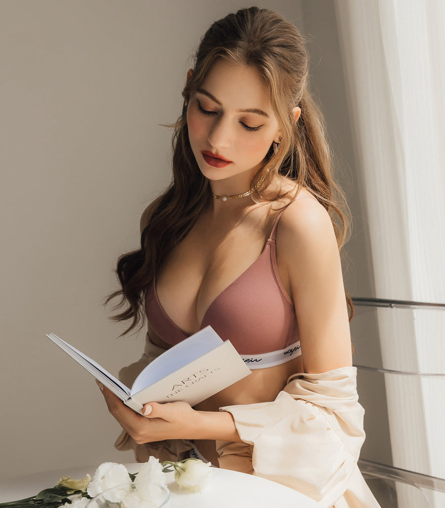 MODISH - Deep V Beauty Plunge Wireless Cotton Comfy Bra Set Romantic Rose