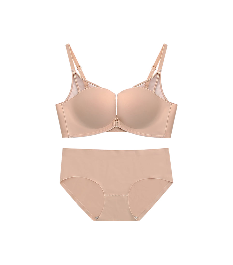 Deep Cleavage Front Buckle Seamless Mesh Wireless Bra Set Pink