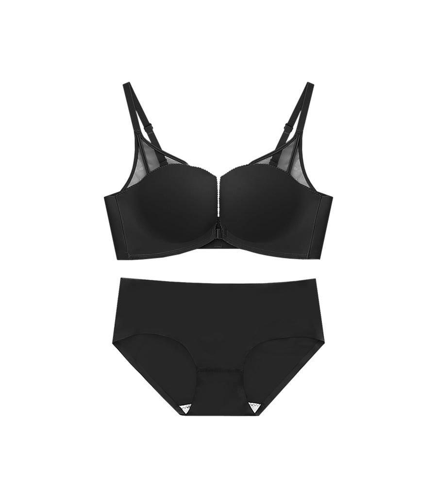 Deep Cleavage Front Buckle Seamless Mesh Wireless Bra Set Black