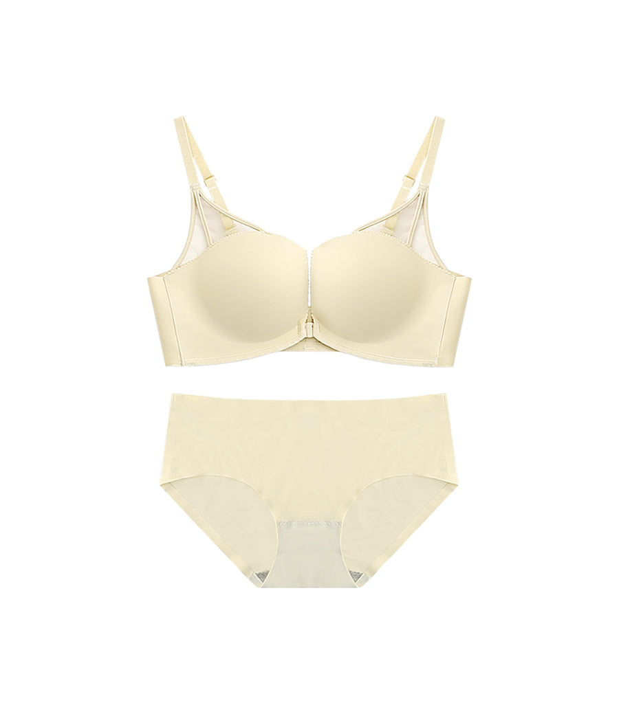 Deep Cleavage Front Buckle Seamless Mesh Wireless Bra Set Beige
