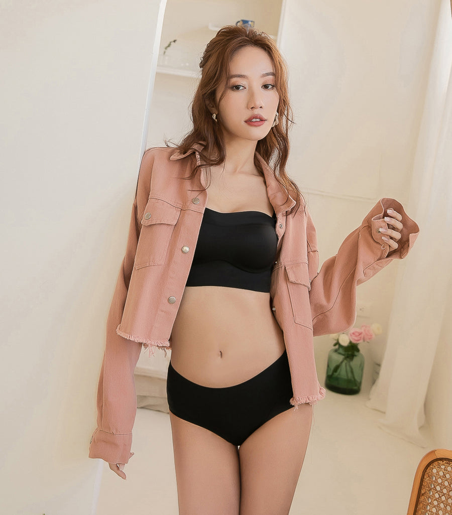 Seamless Thin Cup Tube Top Wireless Bra Set Black