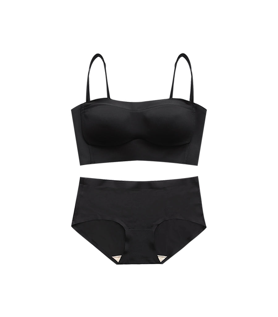 Seamless Thin Cup Tube Top Wireless Bra Set Black