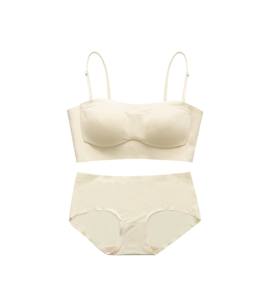 Seamless Thin Cup Tube Top Wireless Bra Set Apricot